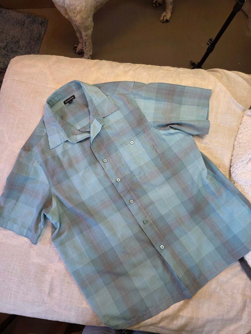 George Men's Scuba Blue Checkered Short Sleeve Camp Button Down Shirt L 42-44